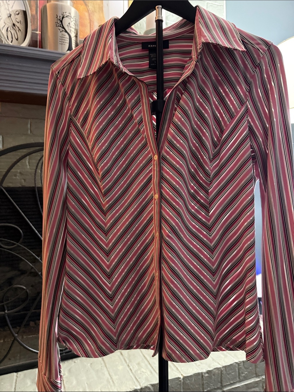 Express Pink, Black & White Chevron Stripe Button-Front Blouse